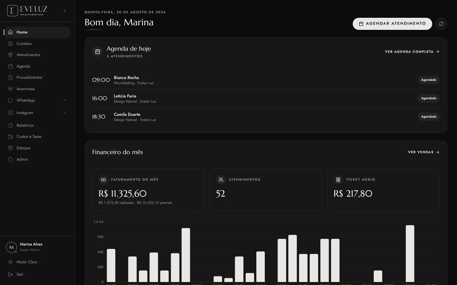 Tela inicial do sistema com a agenda de hoje e o financeiro do mês