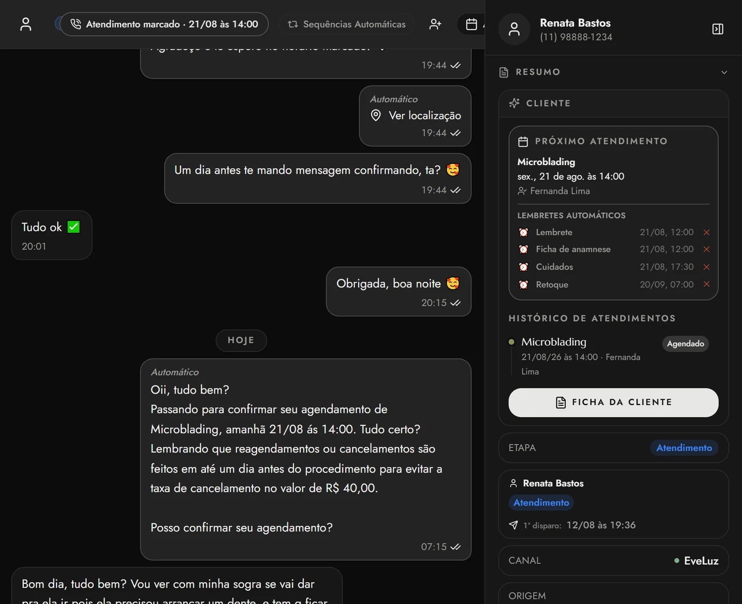 Mensagem automática de confirmação e lembretes agendados